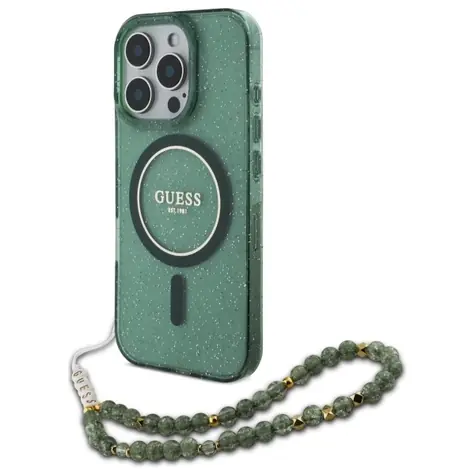 Guess IML Glitter Pearl Strap zelená / Zadní kryt / MagSafe / iPhone 16 Pro Max