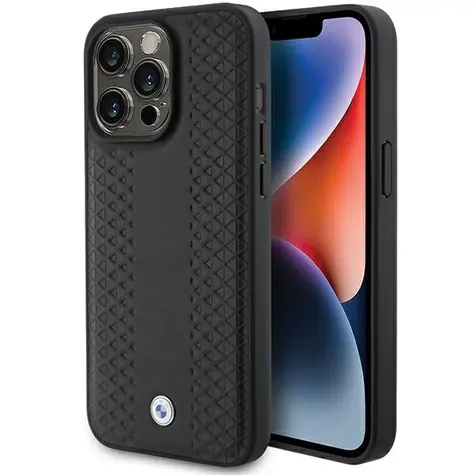 BMW Zadní kryt kožený s diamantovým vzorem pro iPhone 15 Pro Max černá / Pouzdro / Kožené