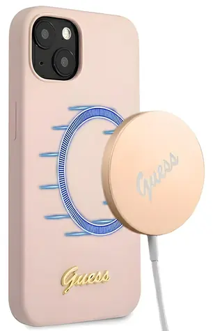 GUESS Silicone Script Gold Logo MagSafe růžová / Zadní kryt / Apple iPhone 13 / MagSafe