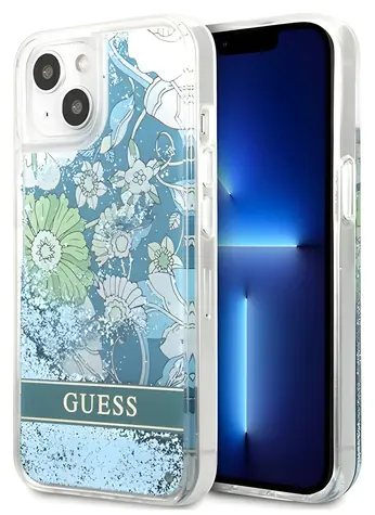 Guess Liquid Glitter Flower zelená / Zadní kryt / iPhone 13 / Hardcase