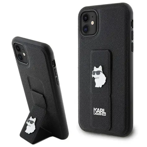Karl Lagerfeld Gripstand Saffiano Choupette Pins černá / Zadní kryt pro Apple iPhone 11 a XR / Se stojánkem