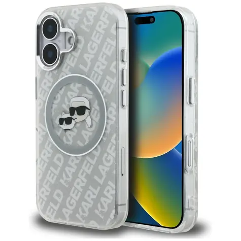 Karl Lagerfeld IML Glitter Karl and Choupette Heads Logo šedá / Kryt / MagSafe / iPhone 16