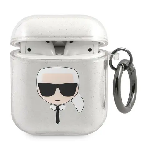 Karl Lagerfeld Glitter Karl's Head stříbrná / Pouzdro / Apple AirPods 1/2