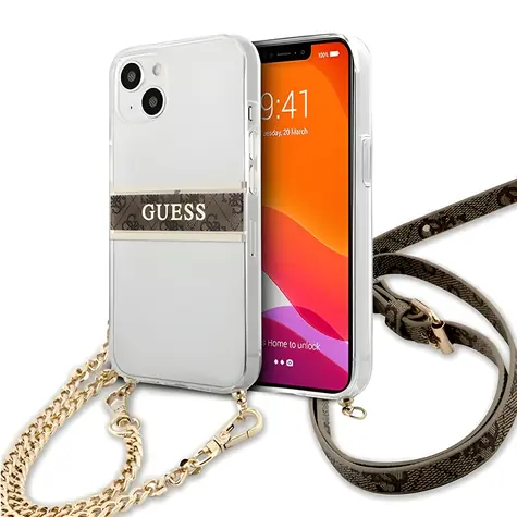 Guess Transparent hnědý řemínek, zlatý řetízek / Zadní kryt pro Apple iPhone 13 mini / Hardcase / 4G