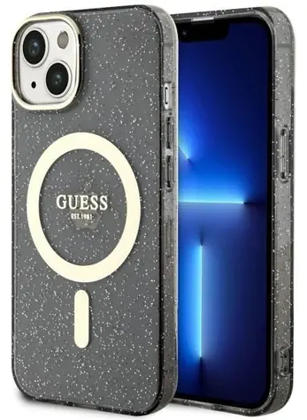 GUESS Glitter Gold Kryt pro Apple iPhone 14 Plus černá / Kryt na mobilní telefon / MagSafe / Hardcase