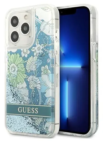GUESS Liquid Glitter Flower zelená / Zadní kryt / Apple iPhone 13 a iPhone 13 Pro