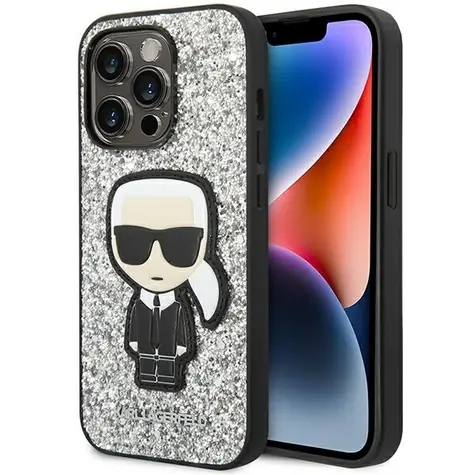Karl Lagerfeld Glitter Flakes Ikonik stříbrná / Zadní kryt pro Apple iPhone 14 Pro Max / Hardcase