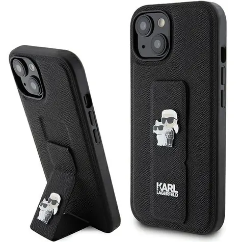 Karl Lagerfeld Gripstand Saffiano Karl & Choupette Pins černá / Zadní kryt / iPhone 15 Plus, 14 Plus