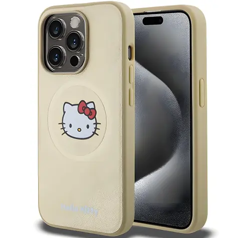 Hello Kitty Kitty Head Leather MagSafe kryt pro iPhone 15 Pro zlatá / Pouzdro / Kožené / MagSafe