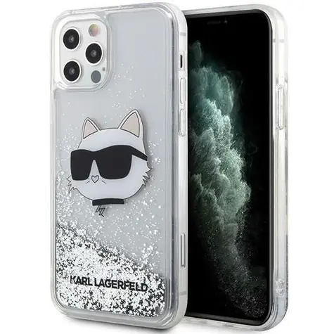 Karl Lagerfeld Choupette Head Glitter stříbrná / Kryt pro Apple iPhone 12 a 12 Pro