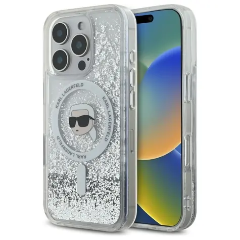 Karl Lagerfeld Liquid Glitter Karl Head čirá / Zadní kryt / MagSafe / iPhone 16 Pro
