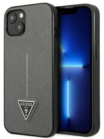 Guess GUHCP14SPSATLG Saffiano Triangle Logo stříbrná / Tvrzený kryt / Apple iPhone 14 / 6,1