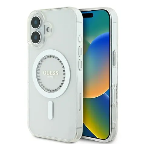 Guess IML Rhinestones MagSafe bílá / Zadní kryt pro iPhone 16 Plus
