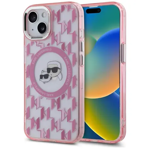 Karl Lagerfeld IML Monogram Karl & Choupette Head iPhone 15 růžová / Zadní kryt / MagSafe / IML