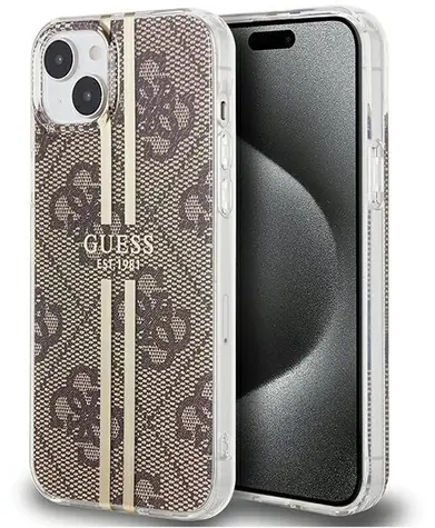 Guess IML 4G Gold Stripe hnědé / Pouzdro / iPhone 15 Plus, 14 Plus