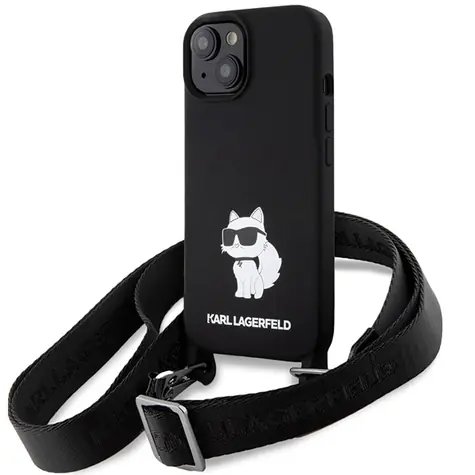 Karl Lagerfeld Crossbody Silicone Choupette černá / Kryt pro Apple iPhone 15 / Silikonový / S poutkem na rameno
