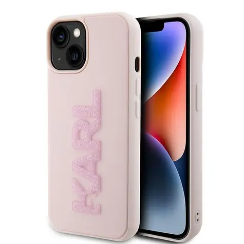 Karl Lagerfeld 3D Rubber Glitter Logo růžová / Kryt / Apple iPhone 15 Plus