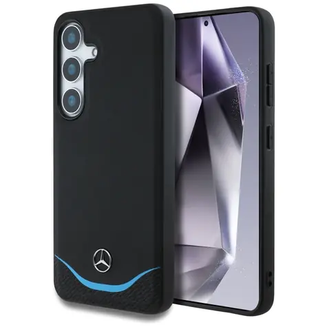 Mercedes Kožený kryt s modrým kontrastním prvkem černá / Zadní kryt / MagSafe / Samsung Galaxy S25