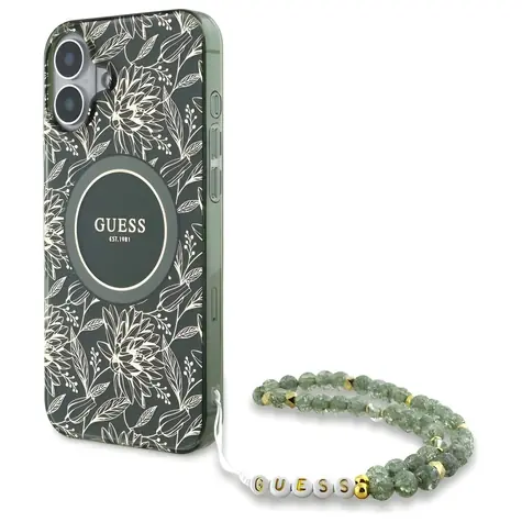 Guess IML Flowers Allover Electro Pearl Strap zelená / Zadní kryt / MagSafe / iPhone 16