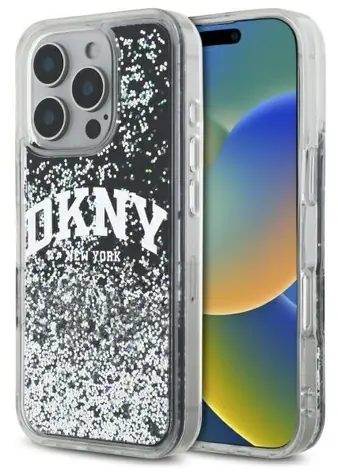 DKNY Liquid Glitter Arch Logo černá / Zadní kryt / Apple iPhone 16 Pro / hardcase