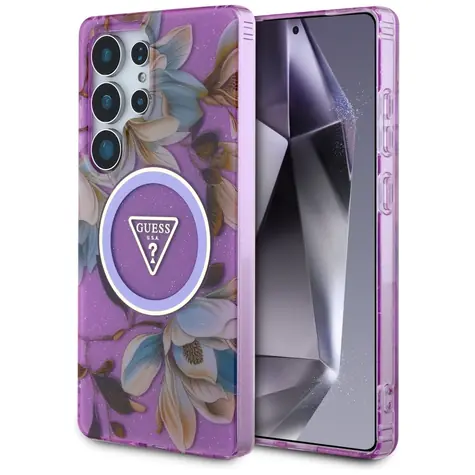Guess Glitter Flowers Triangle Buttons MagSafe fialová / Zadní kryt / Samsung Galaxy S25 Ultra