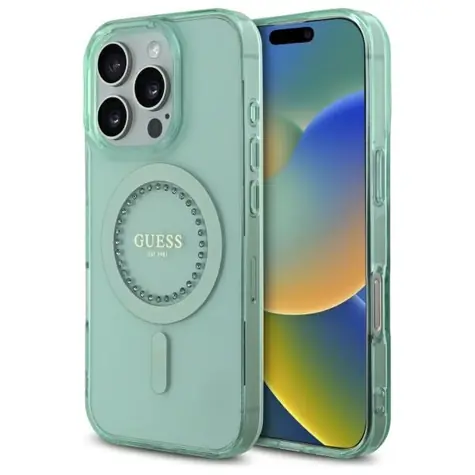 Guess IML Rhinestones zelená / Kryt / pro Apple iPhone 16 Pro / MagSafe