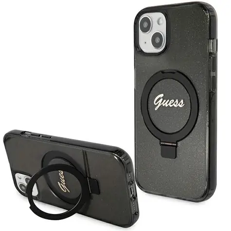 GUESS IML Ring Stand Script Glitter MagSafe černá / Zadní kryt / Pro Apple iPhone 15 Plus a 14 Plus