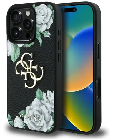 Guess Grained Roses Big 4G Logo černá / Zadní kryt / iPhone 16 Pro Max