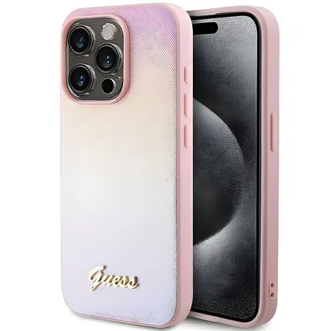 Guess Saffiano Iridescent Script růžová / Zadní kryt pro Apple iPhone 14 Pro