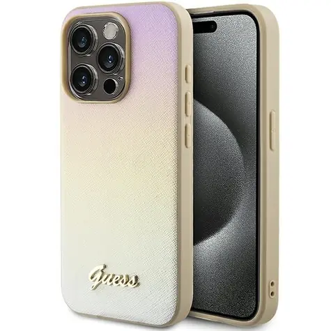 Guess Saffiano Iridescent Script iPhone 14 Pro Max zlatá / Zadní kryt / Saffiano kůže