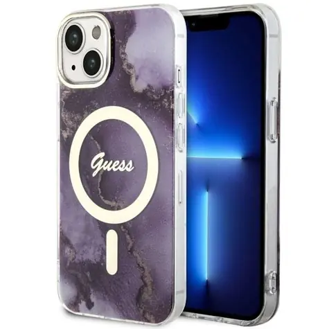 Guess Golden Marble MagSafe fialová / Zadní kryt / pro Apple iPhone 14