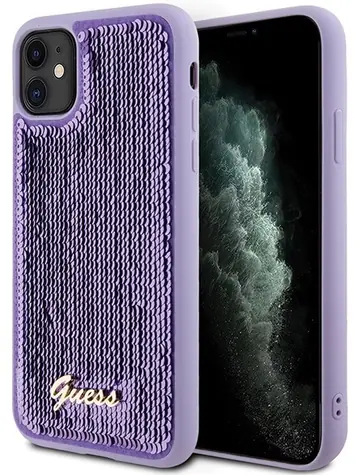 GUESS Sequin Script zadní kryt pro Apple iPhone 11/XR fialová / Kryt / Kov