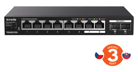Tenda TEM2010X / Switch / Unmanaged / 8x 2,5GbE RJ45 / 2x 10G SFP+