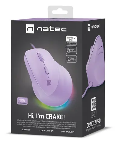 Natec Crake 2 PRO fialová / Vertikální myš / Optická / Drátová USB-A / 12 400 DPI / 6 tlačítek / Pro praváky