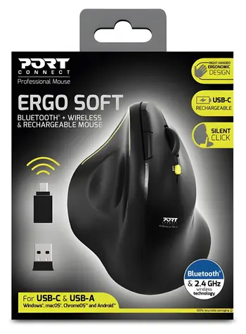 PORT CONNECT Ergo Soft COLLECTION černá / Bezdrátová ergonomická myš / Bluetooth + 2.4 GHz / 1600 DPI