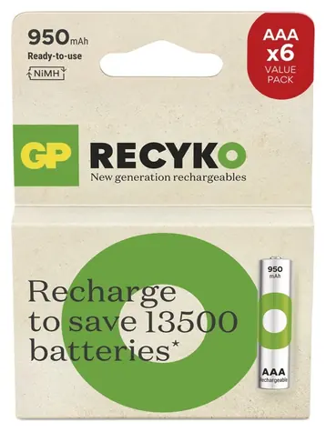 GP ReCyko AAA HR03 950mAh 6ks / Nabíjecí baterie / NiMH / 500+ nabíjecích cyklů
