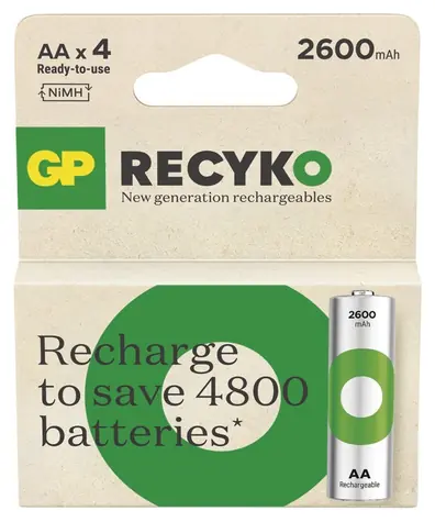 GP ReCyko AA 2600 mAh, 4 ks / Nabíjecí baterie / NiMH / 300+ cyklů