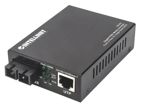 Intellinet Gigabit PoE+ / Konvertor médií / 1x RJ-45 / 1x SC Singlemode / 1000 Mbps / PoE+ 30W / 20 km