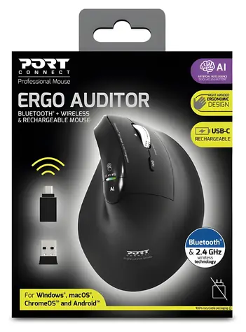 PORT CONNECT ERGO AUDITOR černá / Bezdrátová ergonomická myš / Bluetooth + 2,4 GHz / 4 800 DPI / 6 tlačítek