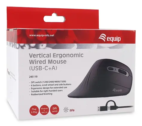 Equip 245119 černá / Myš / ergonomická / USB-A + USB-C / 7200 DPI / 6 tlačítek