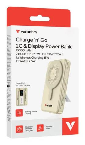Verbatim Charge 'n' Go 2C zlatá / Powerbanka / 10000 mAh / Displej / USB-C / Bezdrátové nabíjení 15W