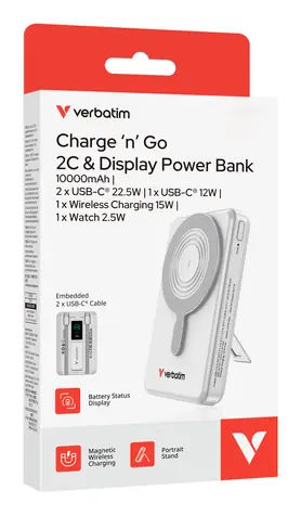Verbatim Charge 'n' Go 2C stříbrná / Powerbanka / 10000 mAh / Displej / USB-C / Bezdrátové nabíjení 15W