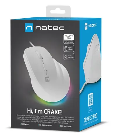 Natec CRAKE 2 PRO bílá / Vertikální myš / pro praváky / optická / drátová USB-A / 12 400 DPI