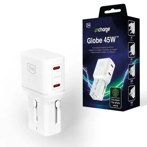 3mk incharge Globe 45W bílá / Cestovní nabíječka / GaN / 2x USB-C PD / QC4+ / PPS / adaptér US/UK/AUS/EU