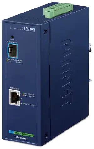 Planet IXT-900-1X1T / Průmyslový konvertor / 10GBase-T / SFP+ 10GBase-X / IP40 / -40~75°C / dual power / SNMP