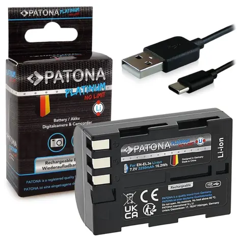 PATONA baterie pro foto Nikon EN-EL3E 2250mAh / Li-Ion / Platinum / USB-C nabíjení
