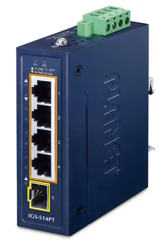 Planet IGS-514PT / Switch průmyslový / 4x Gigabit PoE+ RJ-45 / 1x SFP / IP30 / DIN/nástěnná montáž