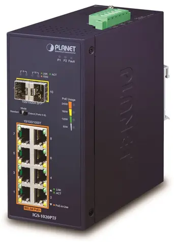 PLANET Switch průmyslový 8-Port GE PoE+ / Switch / 8x GbE RJ-45 PoE+ 240W / 2x SFP 100/1000X / DIN lišta / -40~75°C
