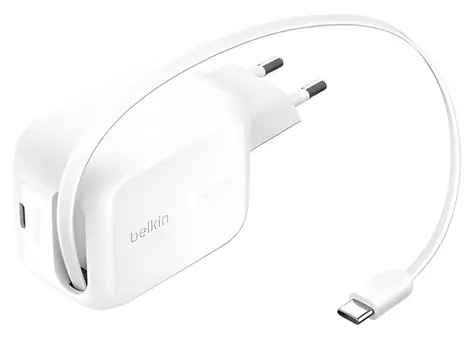 Belkin BOOST CHARGE PRO WCH023kqWH bílá / Nabíječka / 2x USB-C / 45W / GaN / se zatahovacím kabelem