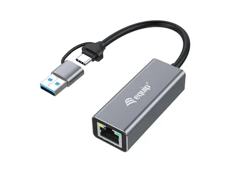 Equip adaptér USB-C a USB-A - RJ45 šedý / Síťový adaptér / 2,5GbE / LED indikace / Hliníkové tělo / 0,15 m